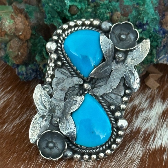 Sleeping beauty turquoise dragonfly statement sterling silver ring - Picture 2 of 15
